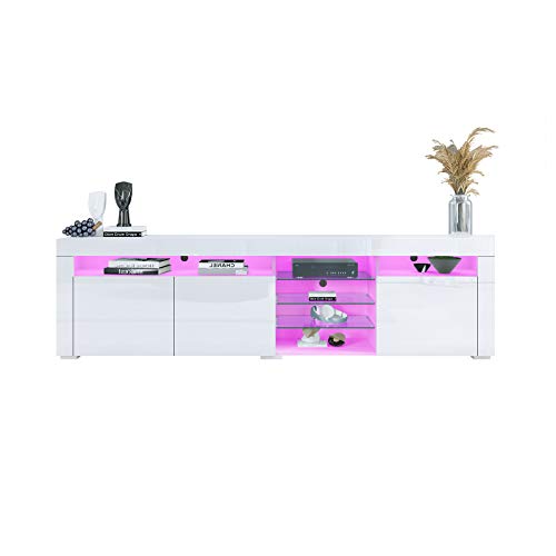 Genforiek Moderne TV Tisch für Wohnzimmer mit LED Leuchten 3 Türen Lagerung, Hochglanz Weiß Fernsehschrank, TV-Schrank für Wohnmöbel, TV Lowboard 180cm von Genforiek