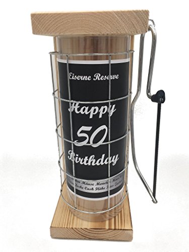 Happy Birthday 50 - Geburtstag Geschenke - Eiserne Reserve Spardose mit Säge zum zersägen des Gitter - Geldgeschenk - - Sparbüchse - Geschenkideen von Genial-Anders