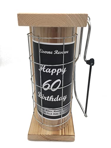 Happy Birthday 60 - Geburtstag Geschenke - Eiserne Reserve Spardose mit Säge zum zersägen des Gitter - Geldgeschenk - Sparbüchse - Geschenkideen von Genial-Anders