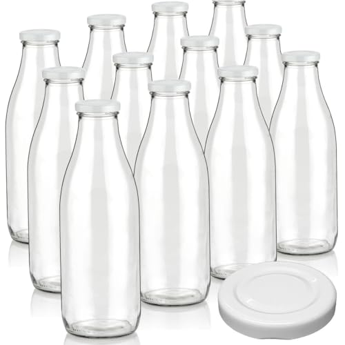 Geniess-Bar! 12 Milchflaschen 1000ml mit 4 Deckel BPA frei Saftflaschen Glasflaschen 1L Flaschen Weithalsflaschen leer mit Schraubdeckel von Geniess-Bar!