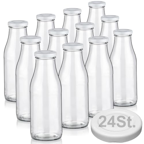 Geniess-Bar! 12 Milchflaschen 500ml mit 24 Deckel BPA frei Saftflaschen Glasflaschen 0,5L erhältlich mit 2/4/6/9/20 Flaschen Weithalsflaschen leer zum Befüllen Schraubdeckel von Geniess-Bar!