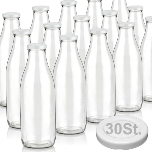 Geniess-Bar! 15 Milchflaschen 1 Liter mit Deckel & Ersatzdeckel 1L Glasflaschen erhältlich mit 2/4/6/9/12/15 Saftflaschen 1000ml Flaschen Weithalsflaschen leer mit Schraubdeckel Vorratsglas von Geniess-Bar!