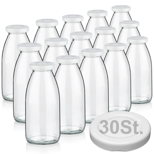 15 Milchflaschen 250ml mit 30 Deckel BPA frei Saftflaschen Glasflaschen 0,25L auch erhältlich mit 2/5/8 Flaschen Smoothie Weithalsflaschen Milchflasche leer zum Befüllen Trinkflasche Schraubdeckel von Geniess-Bar!