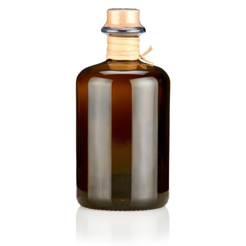 1x Apothekerflasche 500ml braun schwarz leer Profiset komplett mit edlen Echtholzkorken natur, Flaschenkapsel & Bast Band Geschenk Braunglas Flaschen 0,5 L für Öl, Gin, Kräuter Schnaps uvm. von Geniess-Bar!