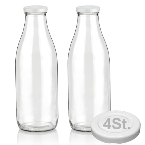 Geniess-Bar! 2 Milchflaschen 1 Liter inkl. Deckel & Ersatzdeckel 1L Glasflaschen erhältlich mit 2/4/6/9/12/15 Saftflaschen 1000ml Flaschen Vorratsglas Weithalsflaschen leer mit Schraubdeckel von Geniess-Bar!