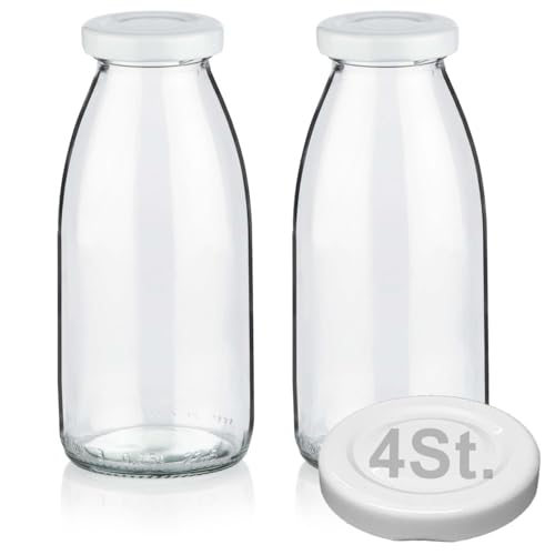 2 Milchflaschen 250ml mit 4 Deckel BPA frei Saftflaschen Glasflaschen 0,25L auch erhältlich mit 5/8/15 Flaschen Smoothie Weithalsflaschen Milchflasche leer zum Befüllen Trinkflasche Schraubdeckel von Geniess-Bar!