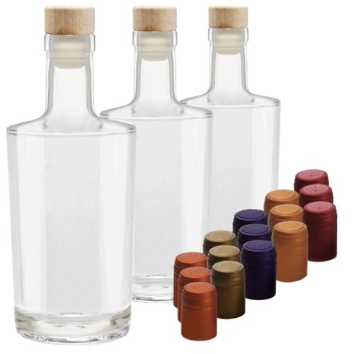 Glas Karaffe elegante Flasche 0,35 L od. 0,5 L leer für Whisky Gin Cognac zum selbst befüllen mit farbigen Schrumpfkapseln, Anzahl & Flaschengrösse:3x 500ml von Geniess-Bar!