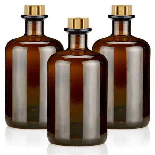 3x Apothekerflaschen 500ml braun elegante Braunglas Flaschen schwarz antik 0,5L leer PE Korken Gold Glasflaschen für Öl, Gin, Kräuter Schnaps od. als Geschenk von Geniess-Bar!