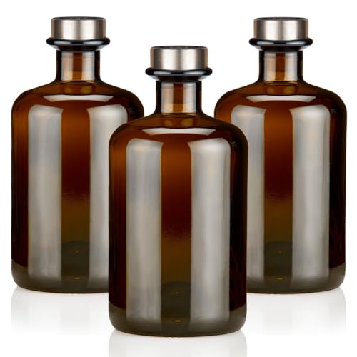 3x Apothekerflaschen 500ml braun elegante Braunglas Flaschen schwarz antik 0,5L leer PE Korken Titansilber matt Glasflaschen für Öl, Gin, Kräuter Schnaps od. als Geschenk von Geniess-Bar!