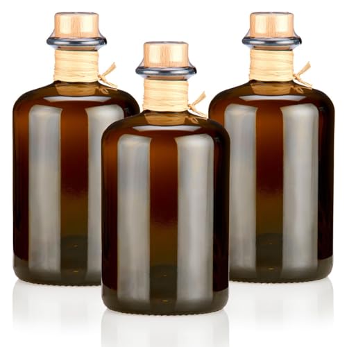 3x Apothekerflaschen 500ml braun schwarz leer Profiset komplett mit edlen Echtholzkorken natur Flaschenkapseln & Bast Band Geschenk Braunglas Flaschen 0,5 L für Öl, Gin, Kräuter Schnaps uvm. von Geniess-Bar!