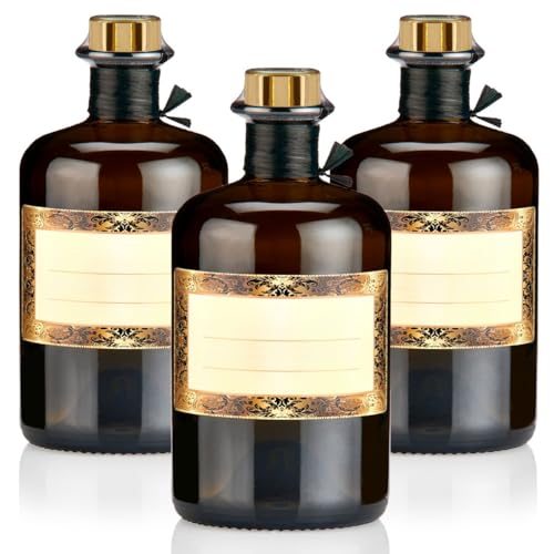 3x Apothekerflaschen braun 500ml Geschenkset mit Korken gold, Band, Kapseln & 3 Etiketten Motiv Orient, 0,5L Glasflaschen schwarz antik leer, Braunglas Flaschen für Öl, Gin uvm. von Geniess-Bar!