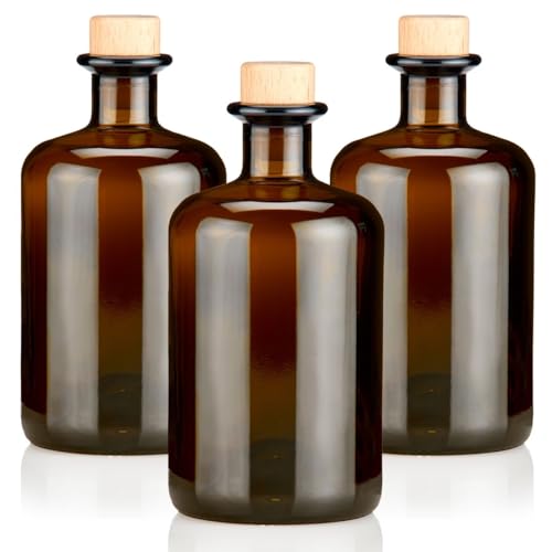 3x Apothekerflaschen braun 500ml leer Holzkorken natur, elegante Braunglas Flaschen schwarz antik für Öl, Gin, Kräuter Schnaps od. als Geschenk 0,5L Glasflaschen von Geniess-Bar!