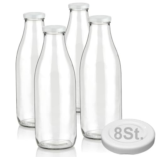 Geniess-Bar! 4 Milchflaschen 1L mit Deckel & Ersatzdeckel 1 Liter Glasflaschen erhältlich mit 2/4/6/9/12/15 Saftflaschen 1000ml Flaschen Weithalsflaschen leer mit Schraubdeckel Vorratsglas von Geniess-Bar!
