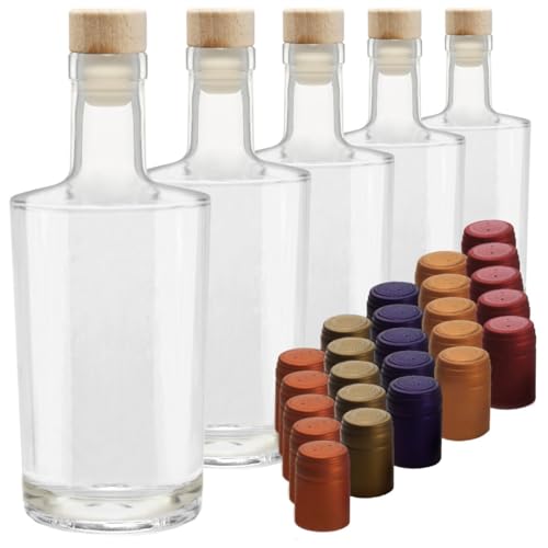 Glas Karaffe elegante Flasche 0,35 L od. 0,5 L leer für Whisky Gin Cognac zum selbst befüllen mit farbigen Schrumpfkapseln, Anzahl & Flaschengrösse:5x 350ml von Geniess-Bar!