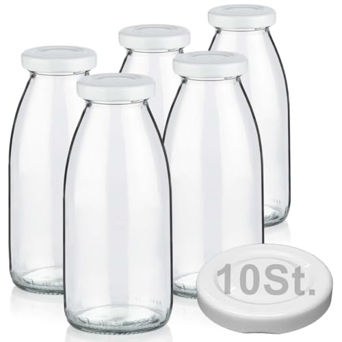 5 Milchflaschen 250ml mit 10 Deckel BPA frei Saftflaschen Glasflaschen 0,25L auch erhältlich mit 2/8/15 Flaschen Smoothie Weithalsflaschen Milchflasche leer zum Befüllen Trinkflasche Schraubdeckel von Geniess-Bar!