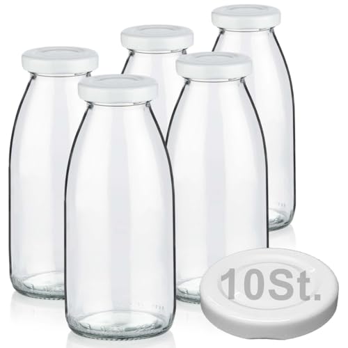 Geniess-Bar! 5 Milchflaschen 250ml mit 10 Deckel BPA frei Saftflaschen Glasflaschen 0,25L auch erhältlich mit 2/8/15 Flaschen Weithalsflaschen leer zum Befüllen Schraubdeckel von Geniess-Bar!