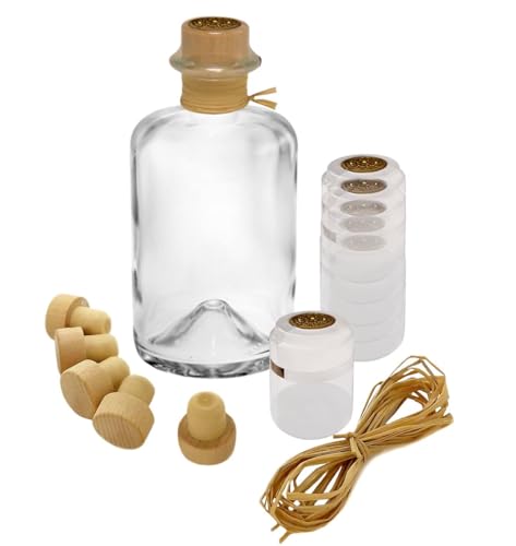 Geniess-Bar! 5x Profi Set Apothekerflasche 350 ml leer Glas Flaschen zum selbst befüllen & transparente Schrumpfkapseln mit Siegel gold & Korken & Bast von Geniess-Bar!
