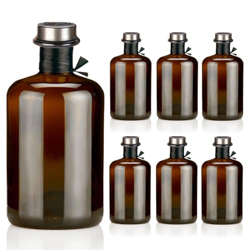 Geniess-Bar! 6 Apothekerflaschen braun 500ml leer schwarz antik Profiset Korken silber matt, Flaschenkapseln & Bast Band, Geschenk Braunglas Flaschen 0,5L für Öl, Gin, Kräuter Schnaps uvm. von Geniess-Bar!