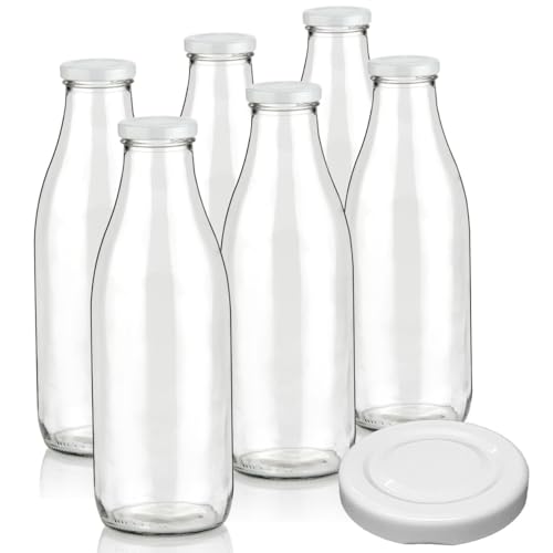 Geniess-Bar! 6 Milchflaschen 1 Liter inkl. Deckel & Ersatzdeckel 1L Glasflaschen erhältlich mit 2/4/6/9/12/15 Saftflaschen 1000ml Flaschen Weithalsflaschen leer mit Schraubdeckel Vorratsglas von Geniess-Bar!