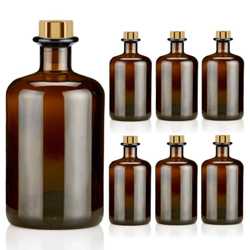 6x Apothekerflaschen 500ml braun elegante Braunglas Flaschen schwarz antik 0,5L leer PE Korken Gold Glasflaschen für Öl, Gin, Kräuter Schnaps od. als Geschenk von Geniess-Bar!