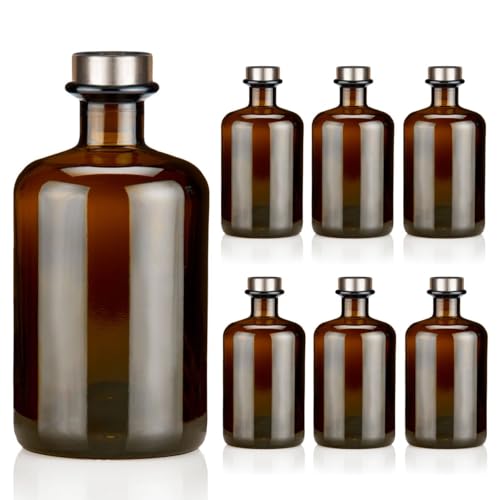 6x Apothekerflaschen 500ml braun elegante Braunglas Flaschen schwarz antik 0,5L leer PE Korken Titansilber matt Glasflaschen für Öl, Gin, Kräuter Schnaps od. als Geschenk von Geniess-Bar!