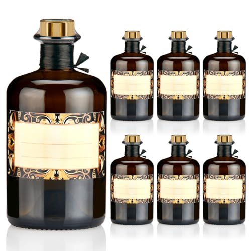 6x Apothekerflaschen braun 500ml Geschenkset mit Korken gold, Band, Kapseln & Etiketten Motiv Roma, 0,5L Glasflaschen schwarz antik leer, Braunglas Flaschen für Öl, Gin uvm. von Geniess-Bar!