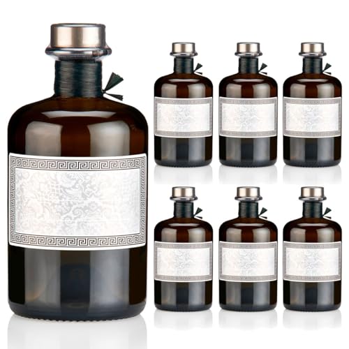 6x Apothekerflaschen braun 500ml Geschenkset mit Korken titansilber matt, Band, Kapseln & 6 Etiketten Motiv Antike, 0,5L leere Glasflaschen schwarz antik, Braunglas Flaschen für Öl, Gin uvm. von Geniess-Bar!