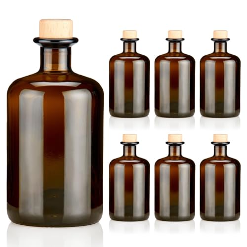 6x Apothekerflaschen braun 500ml leer Holzkorken natur, elegante Braunglas Flaschen schwarz antik für Öl, Gin, Kräuter Schnaps od. als Geschenk 0,5L Glasflaschen von Geniess-Bar!