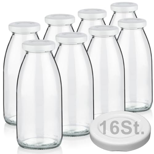 8 Milchflaschen 250ml mit 16 Deckel BPA frei Saftflaschen Glasflaschen 0,25L auch erhältlich mit 2/5/15 Flaschen Smoothie Weithalsflaschen Milchflasche leer zum Befüllen Trinkflasche Schraubdeckel von Geniess-Bar!