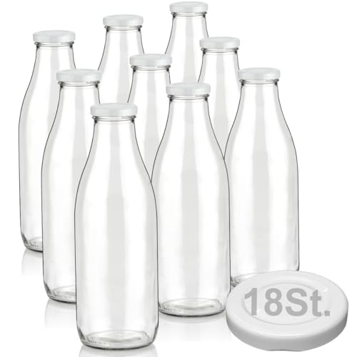 Geniess-Bar! 9 Milchflaschen 1 Liter inkl. 18 Schraubdeckel 1L Glasflaschen erhältlich mit 2/4/6/9/12/15 Saftflaschen 1000ml Flaschen Weithalsflaschen leer Vorratsglas von Geniess-Bar!