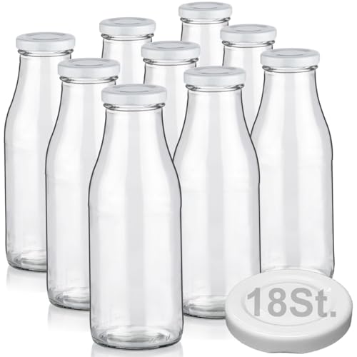 Geniess-Bar! 9 Milchflaschen 500ml mit 18 Deckel BPA frei Saftflaschen Glasflaschen 0,5L auch mit 2/4/6/12/20 Flaschen Weithalsflaschen leer zum Befüllen Schraubdeckel von Geniess-Bar!