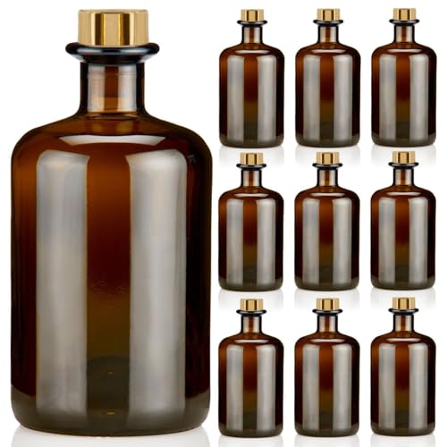 9x Apothekerflaschen 500ml braun elegante Braunglas Flaschen schwarz antik 0,5L leer PE Korken Gold Glasflaschen für Öl, Gin, Kräuter Schnaps od. als Geschenk von Geniess-Bar!