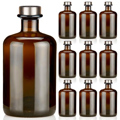 9x Apothekerflaschen 500ml braun elegante Braunglas Flaschen schwarz antik 0,5L leer PE Korken Titansilber matt Glasflaschen für Öl, Gin, Kräuter Schnaps od. als Geschenk von Geniess-Bar!