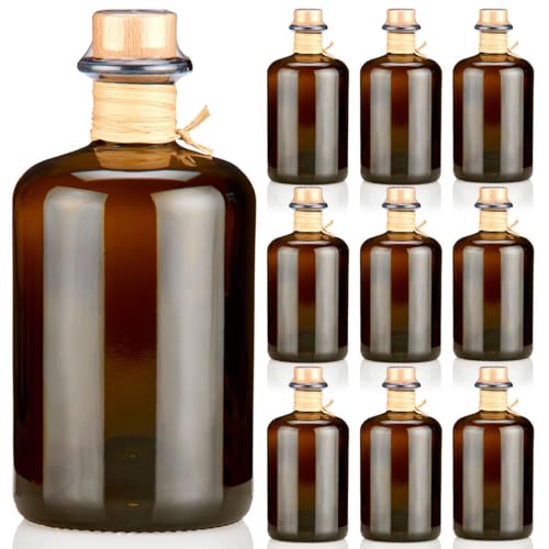 9x Apothekerflaschen 500ml braun schwarz leer Profiset komplett mit edlen Echtholzkorken natur Flaschenkapseln & Bast Band Geschenk Braunglas Flaschen 0,5 L für Öl, Gin, Kräuter Schnaps uvm. von Geniess-Bar!