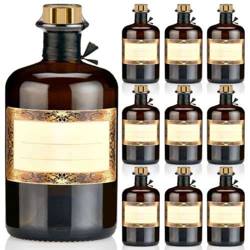 9x Apothekerflaschen braun 500ml Geschenkset mit Korken gold, Band, Kapseln & Etiketten Motiv Orient, 0,5L Glasflaschen schwarz antik leer, Braunglas Flaschen für Öl, Gin uvm. von Geniess-Bar!