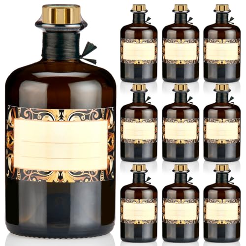 9x Apothekerflaschen braun 500ml Geschenkset mit Korken gold, Band, Kapseln & Etiketten Motiv Roma, 0,5L Glasflaschen schwarz antik leer, Braunglas Flaschen für Öl, Gin uvm. von Geniess-Bar!