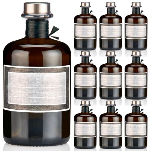 9x Apothekerflaschen braun 500ml Geschenkset mit Korken titansilber matt, Band, Kapseln & 9 Etiketten Motiv Holzrahmen, 0,5L leere Glasflaschen schwarz antik, Braunglas Flaschen für Öl, Gin uvm. von Geniess-Bar!