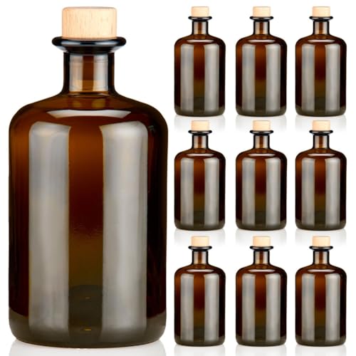 9x Apothekerflaschen braun 500ml leer Holzkorken natur, elegante Braunglas Flaschen schwarz antik für Öl, Gin, Kräuter Schnaps od. als Geschenk 0,5L Glasflaschen von Geniess-Bar!