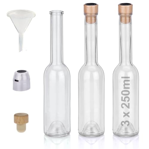 Geniess-Bar! Flaschen Set 3 x 250ml hochwertige Glasflaschen leer mit Korken, Schrumpfkapseln & 1 Trichter für Gin Whisky Schnaps Likör Essig Öl günstige Flaschen Schnapsflaschen von Geniess-Bar!