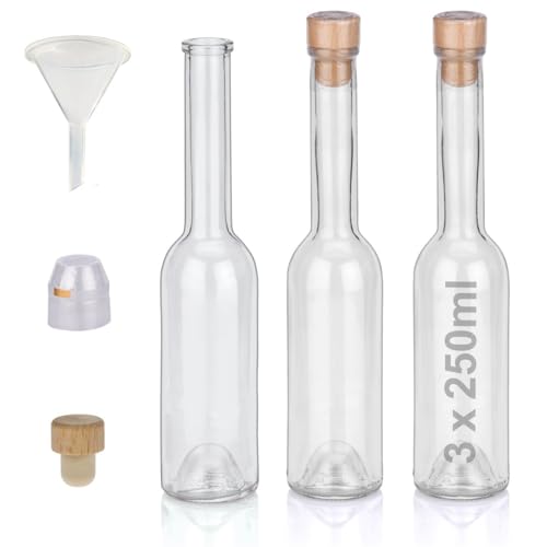 Flaschen Set 3 x 250ml hochwertige Glasflaschen leer mit Korken Schrumpfkapseln & 1 Trichter zum selbst Befüllen mit Gin Whisky Schnaps Likör Essig Öl günstige Flaschen Ginflaschen Whiskyflaschen von Geniess-Bar!