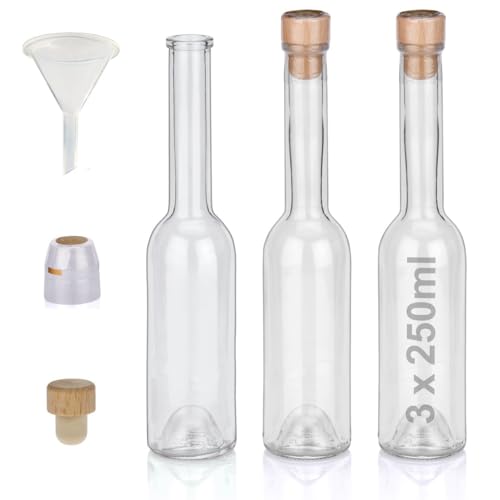 Flaschen Set 3 x 250ml hochwertige Glasflaschen leer mit Korken Schrumpfkapseln & 1 Trichter zum selbst Befüllen mit Gin Whisky Schnaps Likör Essig Öl günstige Flaschen Ginflaschen Whiskyflaschen von Geniess-Bar!