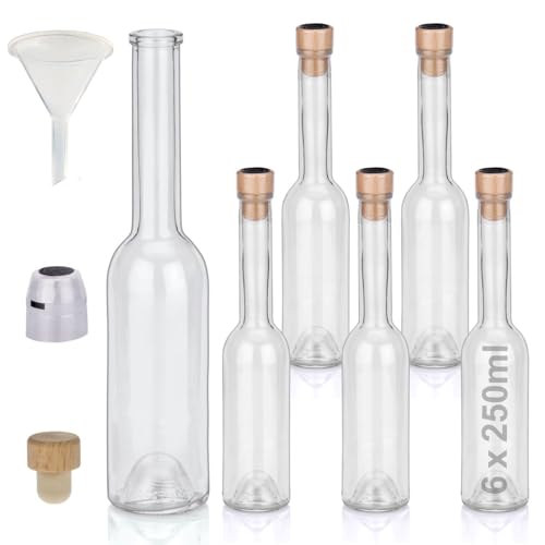 Flaschen Set 6 x 250ml hochwertige Glasflaschen leer mit Korken Schrumpfkapseln & 1 Trichter zum selbst Befüllen mit Gin Whisky Schnaps Likör Essig Öl günstige Flaschen Ginflaschen Whiskyflaschen von Geniess-Bar!