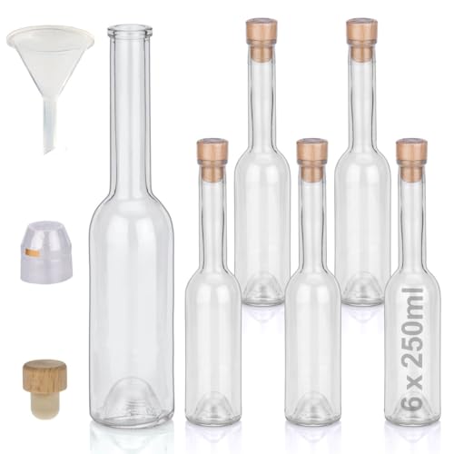 Flaschen Set 6 x 250ml hochwertige Glasflaschen leer mit Korken Schrumpfkapseln & 1 Trichter zum selbst Befüllen mit Gin Whisky Schnaps Likör Essig Öl günstige Flaschen Ginflaschen Whiskyflaschen von Geniess-Bar!