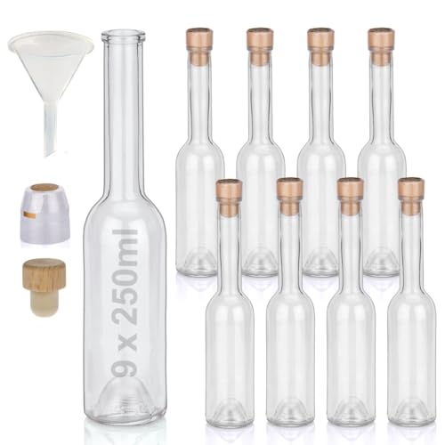 Flaschen Set 9 x 250ml hochwertige Glasflaschen leer mit Korken Schrumpfkapseln & 1 Trichter zum selbst Befüllen mit Gin Whisky Schnaps Likör Essig Öl günstige Flaschen Ginflaschen Whiskyflaschen von Geniess-Bar!