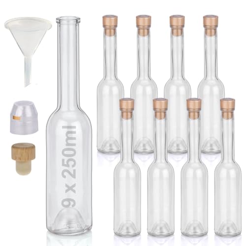 Flaschen Set 9 x 250ml hochwertige Glasflaschen leer mit Korken Schrumpfkapseln & 1 Trichter zum selbst Befüllen mit Gin Whisky Schnaps Likör Essig Öl günstige Flaschen Ginflaschen Whiskyflaschen von Geniess-Bar!