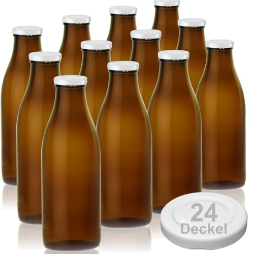 Geniess-Bar! 12 Milchflaschen braun leere Glasflaschen 1L Milch Flaschen 24 Twist off Schraubverschluss Deckel leer zum Befüllen erhältlich mit 2/4/6/9/12/15 Weithalsflaschen hitzebeständig von Geniess-Bar!