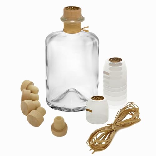 Geniess-Bar! 5x Profi Set Apothekerflasche 1000 ml leer Apotheker Glas Flaschen zum selbst befüllen & transparente Schrumpfkapseln mit Siegel gold & Korken & Bast 1L Apothekerflaschen von Geniess-Bar!