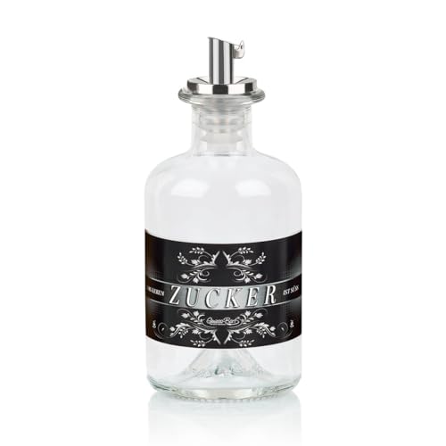 Zuckerstreuer aus Glas ZUCKER mit Geschenkbox & Edelstahl Ausgiesser leer Weiß auf Schwarz von Geniess-Bar!