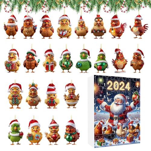 Weihnachtskalender Huhn | Hühner Hängeleiter 24 Tage Countdown Kalender - 2D Acrylic Flachanhänger Huhn Charm Für Christbaumschmuck Wanddekoration Auto-Innenspiegel Urlaubsdekoration von Genikeer