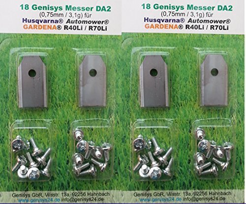 genisys 36 Messer + Schrauben (0,75 mm / 3,1g) für alle Husqvarna Automower Modelle & Gardena R40Li, R45Li, R70Li Rasenmäher 0,75 von genisys